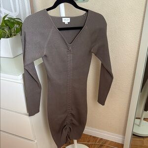 Le Lis Tan Bodycon Dress with V-Neck and Ruched Details